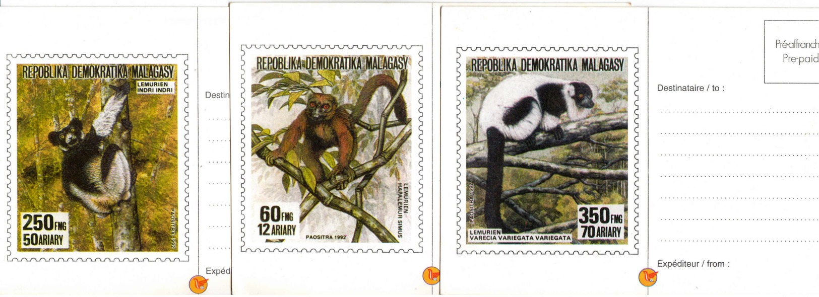 MADAGASCAR - 1992 - Lot De 3 Entiers Postaux Neufs Différents - Lémuriens - Madagascar (1960-...)