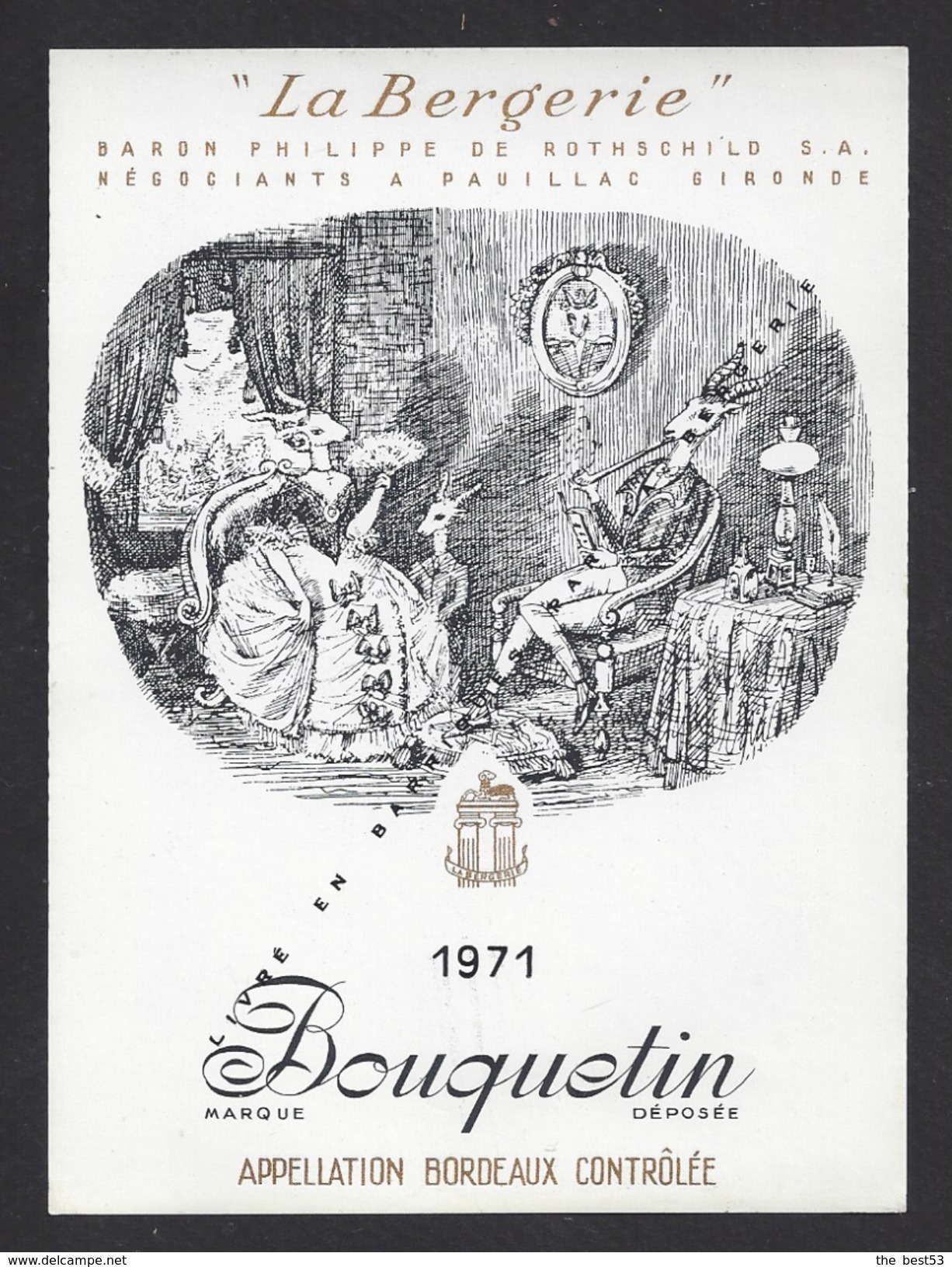 Etiquette De Vin  Bordeaux  1971 -  La Bergerie - Bouquetin  -  Baron P.de Rothschild (33) - Thème Couple Animaux - Bordeaux