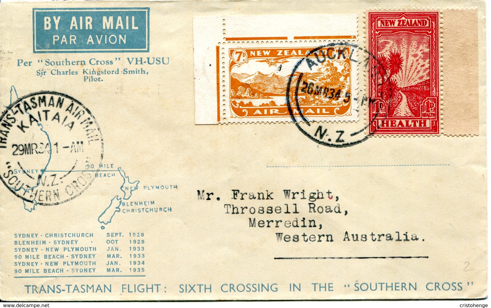 New Zealand 1934 First Flight Airmail Cover With 1933 Pathway To Health - Airmail