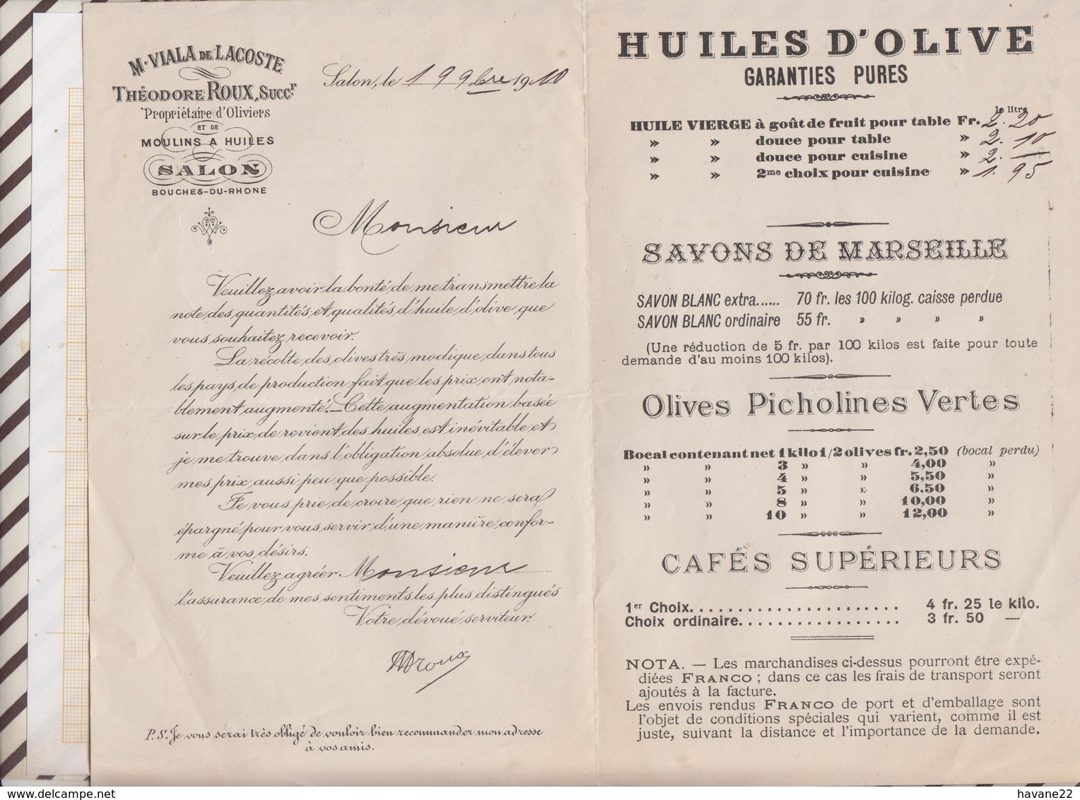 81071 Lettre Tarif M VIALA DE LACOSTE OLIVIERS MOULINS A HUILE SALON / 1910 - 1800 – 1899