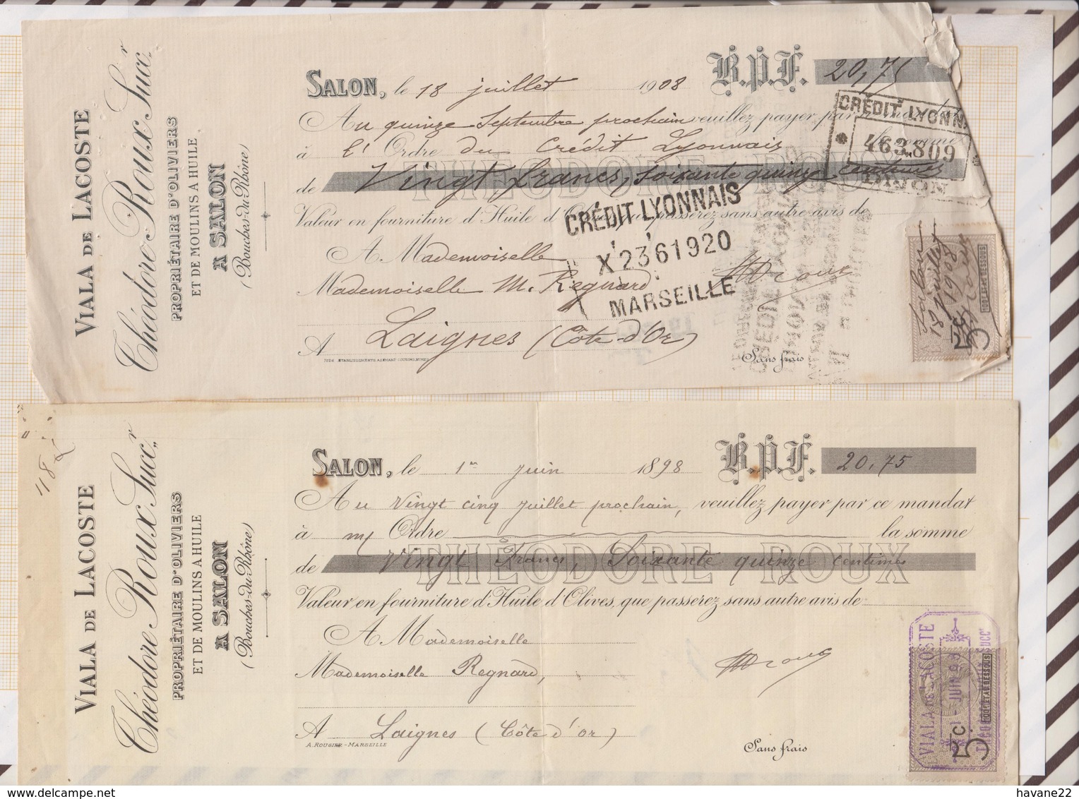 81066 DEUX Lettres DE CHANGE VIALA DE LACOSTE MOULINS A HUILE SALON 1898-1908 - Cambiali