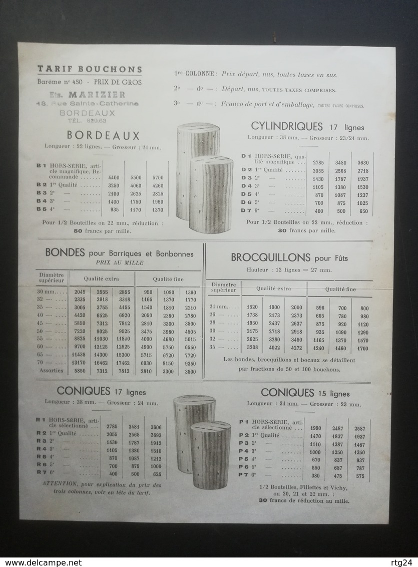 ETABLISSEMENTS  MARIZIER A  BORDEAUX . DOCUMENT PUBLICITAIRE ET TARIFAIRE . ANNEES 1950 . BOUCHONS DE LIEGE . - Publicités