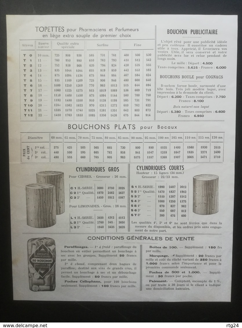 ETABLISSEMENTS  MARIZIER A  BORDEAUX . DOCUMENT PUBLICITAIRE ET TARIFAIRE . ANNEES 1950 . BOUCHONS DE LIEGE . - Publicités