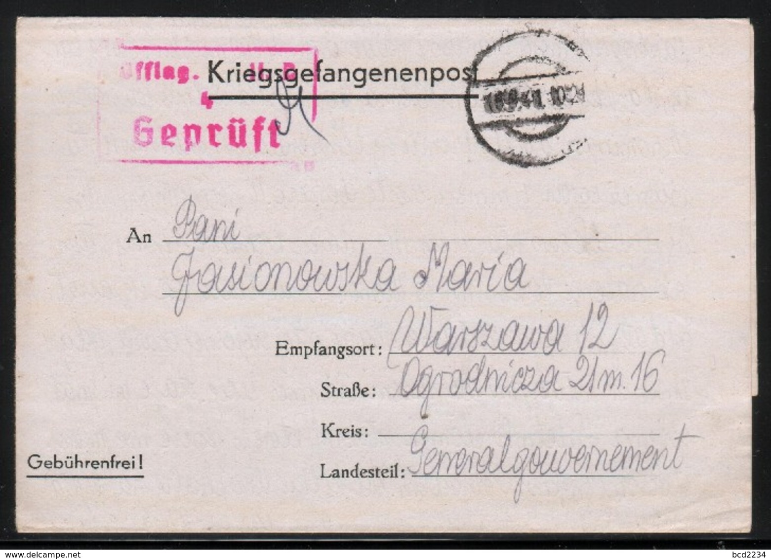 KRIEGSGEFANGENENPOST NAZI GERMANY THIRD REICH WW2 PRISONER OF WAR POW CAMP OFLAG IIC WOLDENBERG DOBIEGNIEW TO WARSAW GG - Gevangenkampen