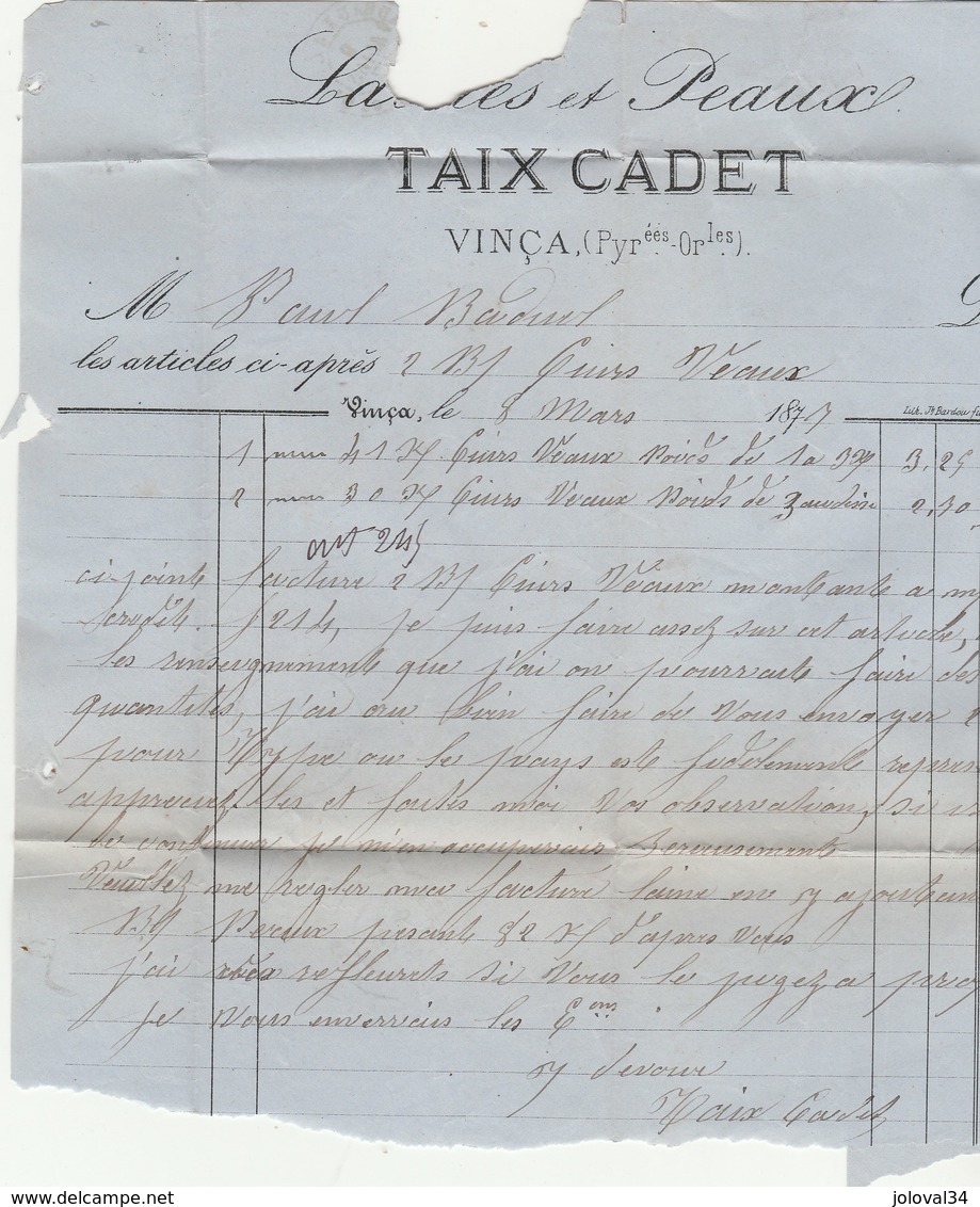 Yvert 78 Sage Sur Lettre Entête Taix Cadet Cachet VINCA Pyrénées Orientales 8/3/1877 Pour Lodève Hérault - Ambulant - 1877-1920: Période Semi Moderne