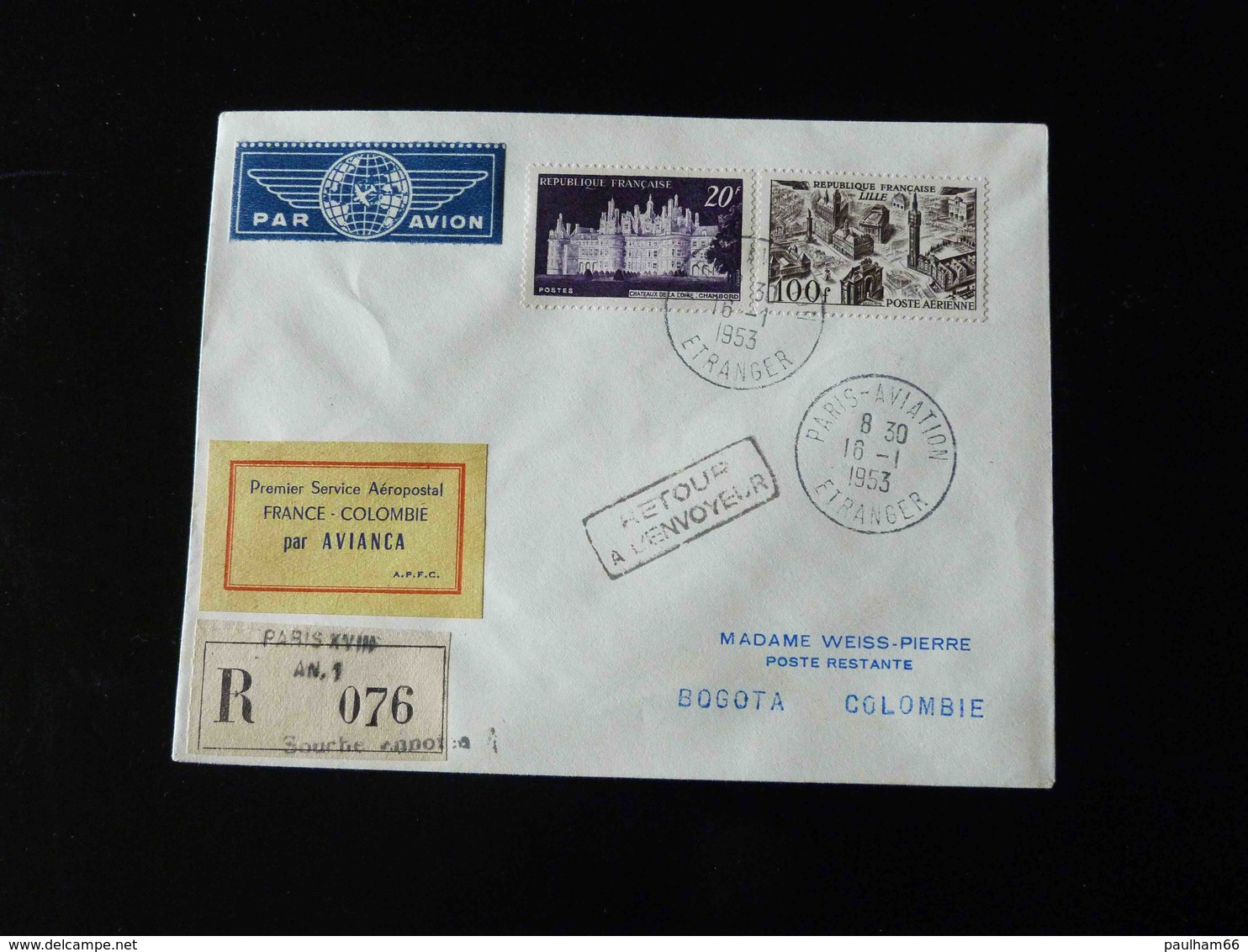 PREMIER SERVICE AEROPOSTAL FRANCE - COLOMBIE PAR AVIANCA -  1953  -  EN RECOMMANDE  - - 1960-.... Cartas & Documentos