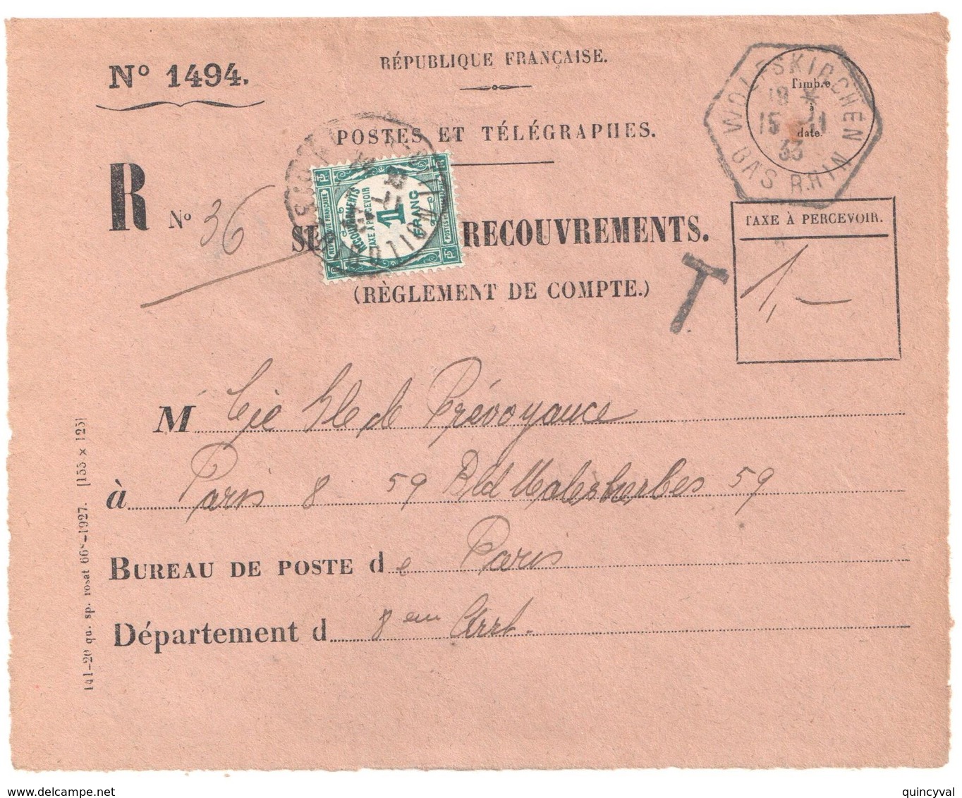 WOLFKIRCHEN Bas Rhin Hexa RAU Lautier D4d Ob 1933 Devant Enveloppe 1494 Valeurs Recouvrées Recommandée Taxe Yv 60 Preo - 1859-1959 Covers & Documents