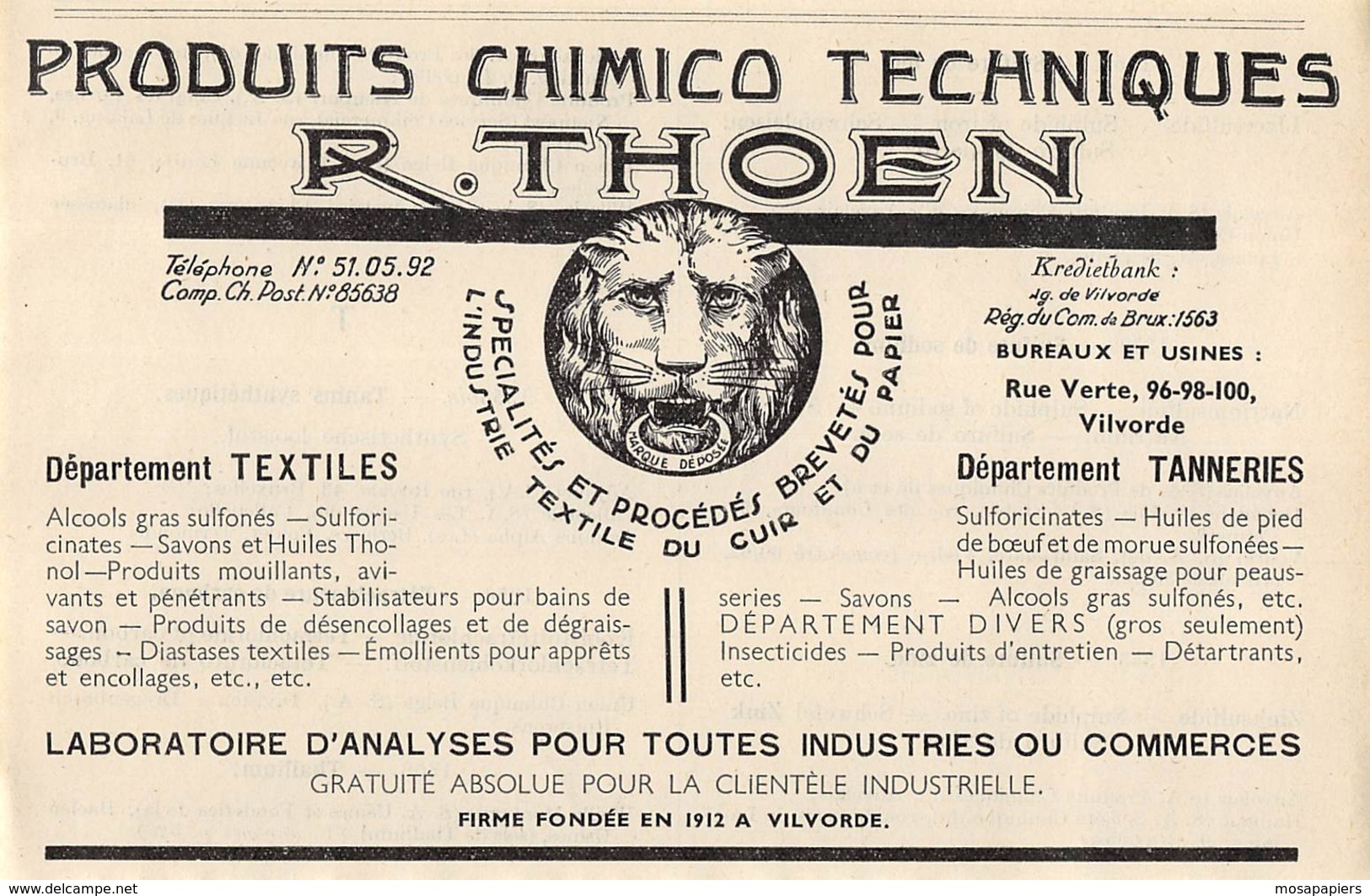 1947 - VILVORDE - Rue Verte - Produits Chimico Techniques R. THOEN - Dim. 1/2 A4 - Advertising