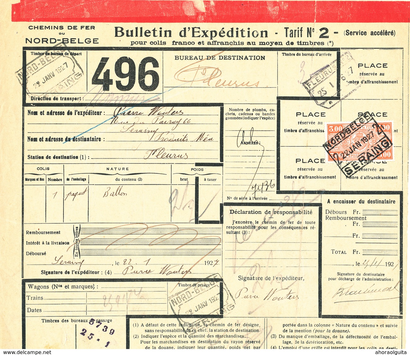 557/28 - Lettre De Voiture Affranchie TP Chemins De Fer 1927 - 2  Cachets Différents Gare NORD BELGE SERAING - Nord Belge