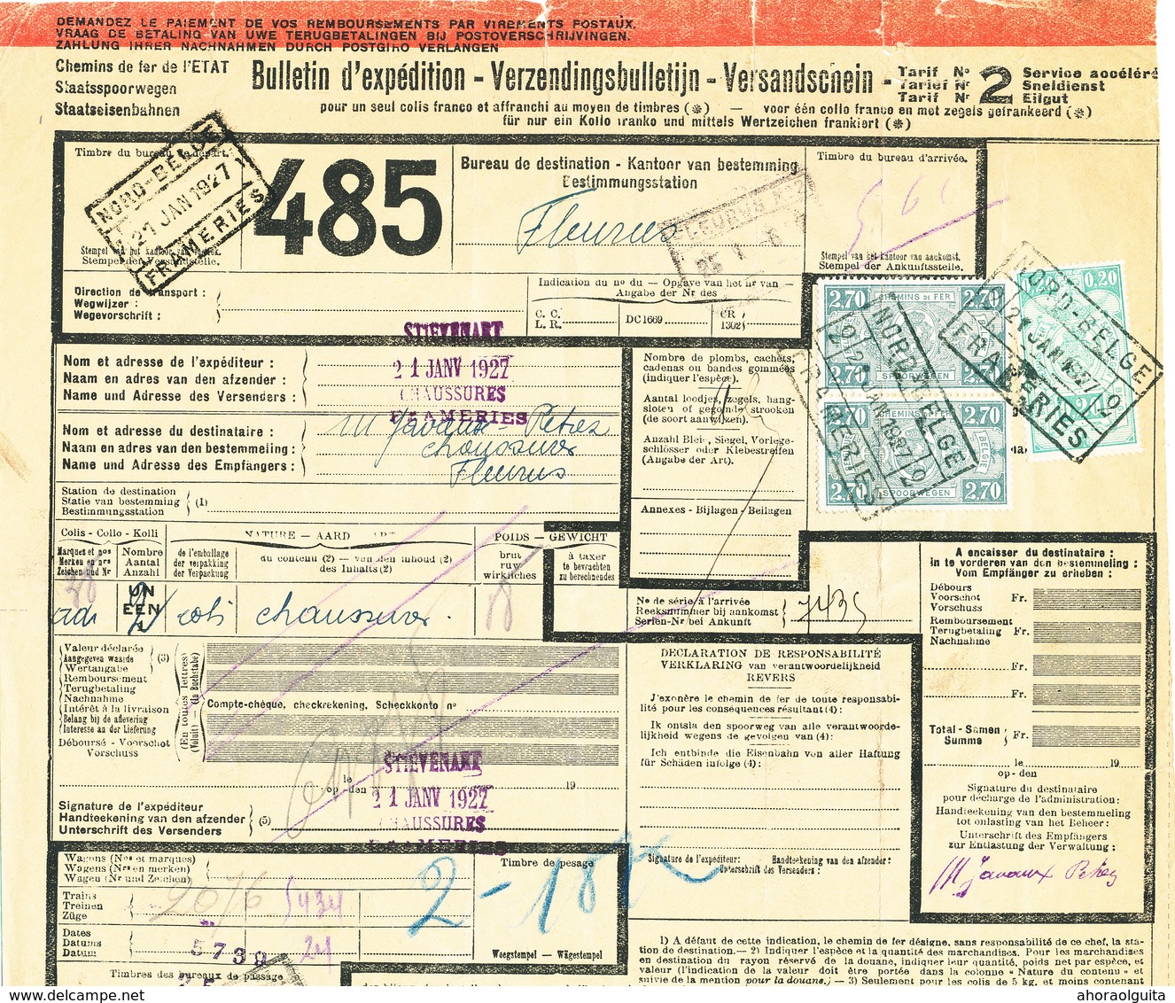 558/28 - Lettre De Voiture Affranchie TP Chemins De Fer 1927 - 2  Cachets Différents Gare NORD BELGE FRAMERIES - Nord Belge