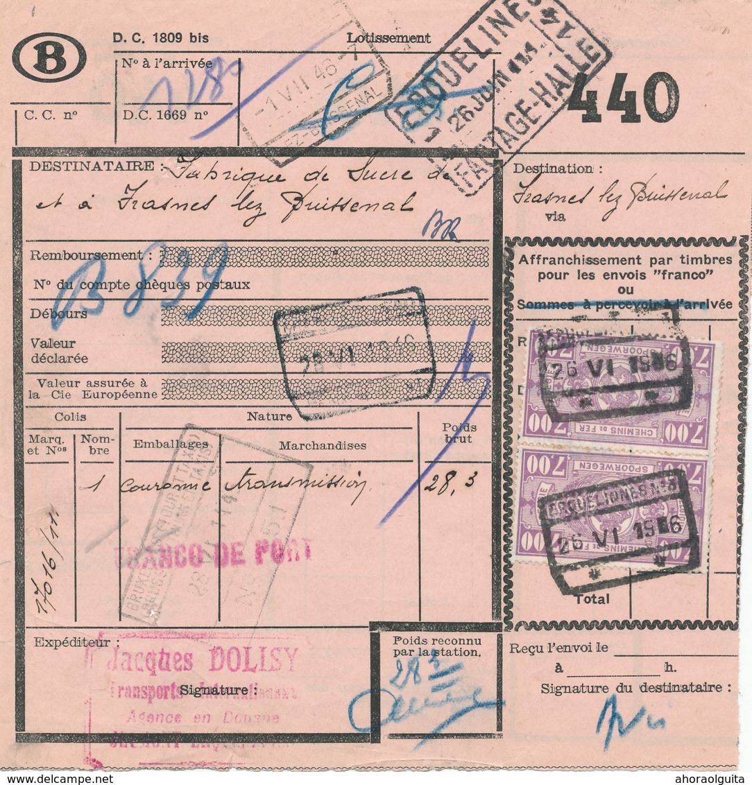 559/28 - Lettre De Voiture Affranchie TP Chemins De Fer 1946 - Cachet Gare NORD BELGE ERQUELINES Et Gare ETAT - Nord Belge