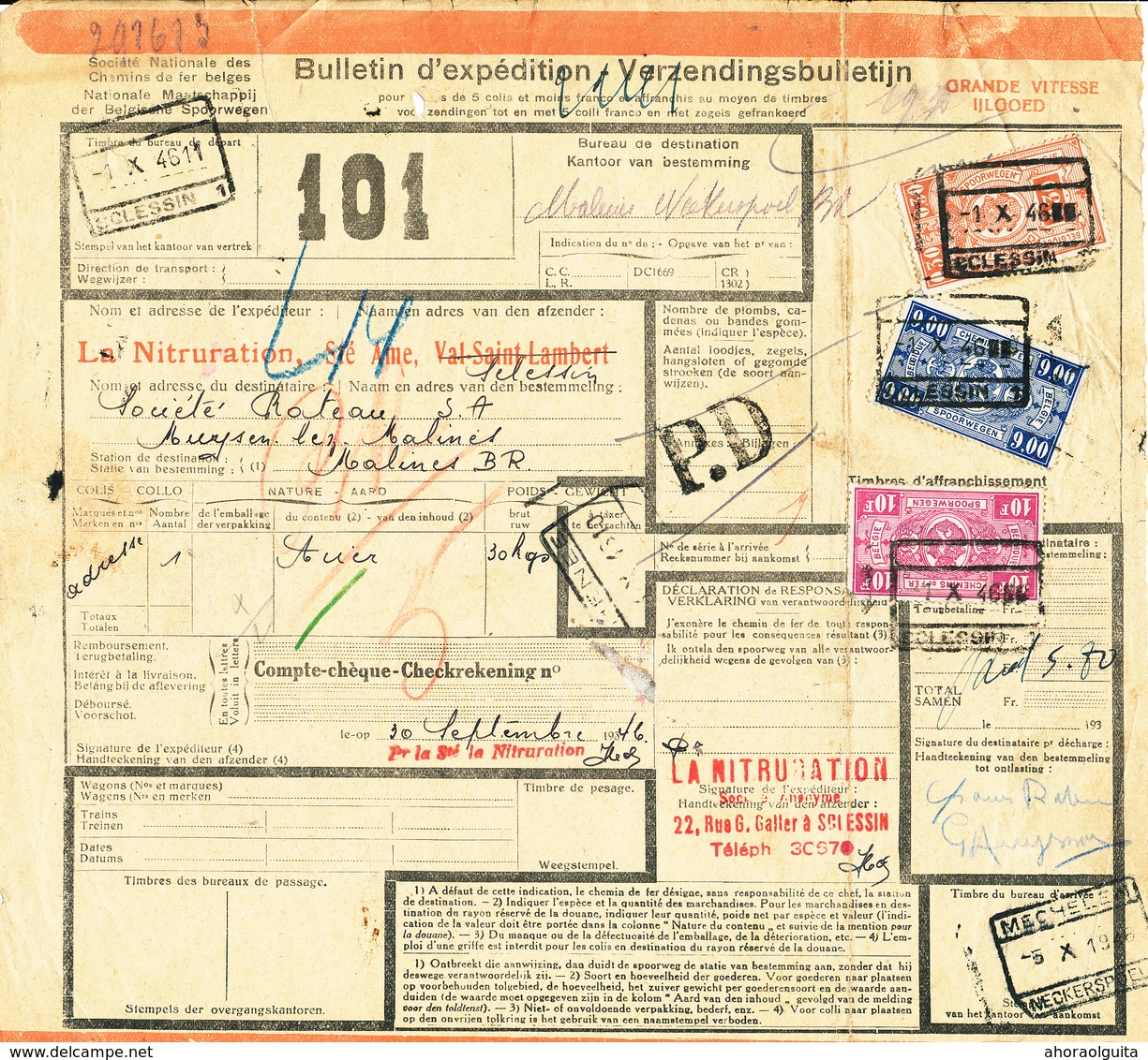 560/28 - Lettre De Voiture Affranchie TP Chemins De Fer 1946 - Cachet Gratté Gare NORD BELGE SCLESSIN - Nord Belge