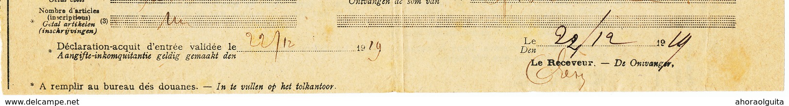 562/28 - Document Acquit D' Entrée ERQUELINNES NORD BELGE 1919 - 1 Colis De Bouchons En Liège Ex Bordeaux - Nord Belge