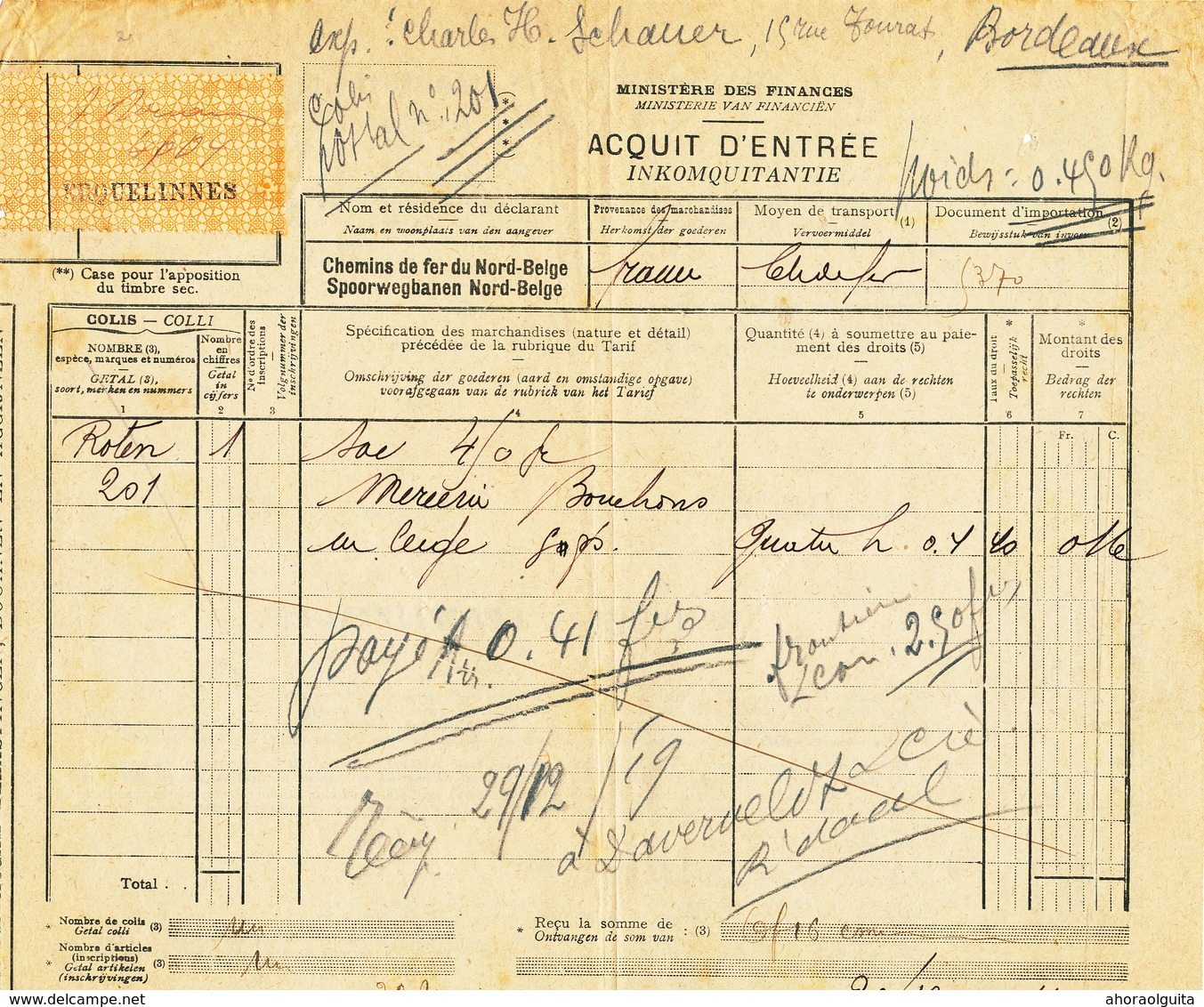 562/28 - Document Acquit D' Entrée ERQUELINNES NORD BELGE 1919 - 1 Colis De Bouchons En Liège Ex Bordeaux - Nord Belge