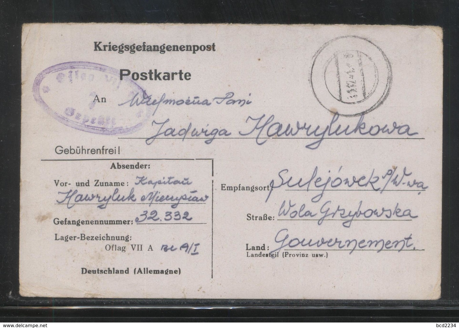 KRIEGSGEFANGENENPOST NAZI GERMANY THIRD REICH WW2 FROM PRISONER OF WAR POW CAMP OFLAG VIIA MURNAU TO SULEJOWEK GG POLAND - Campo De Prisioneros