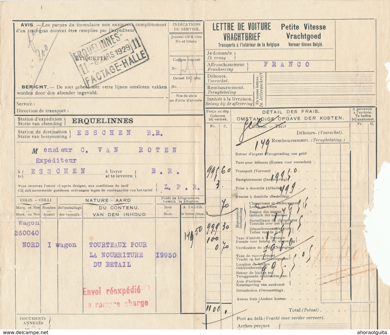 564/28 - Lettre De Voiture Cachet De Gare NORD BELGE ERQUELINNES Factage 1929 - Expéd. Tourteaux , Vve Draguet - Nord Belge