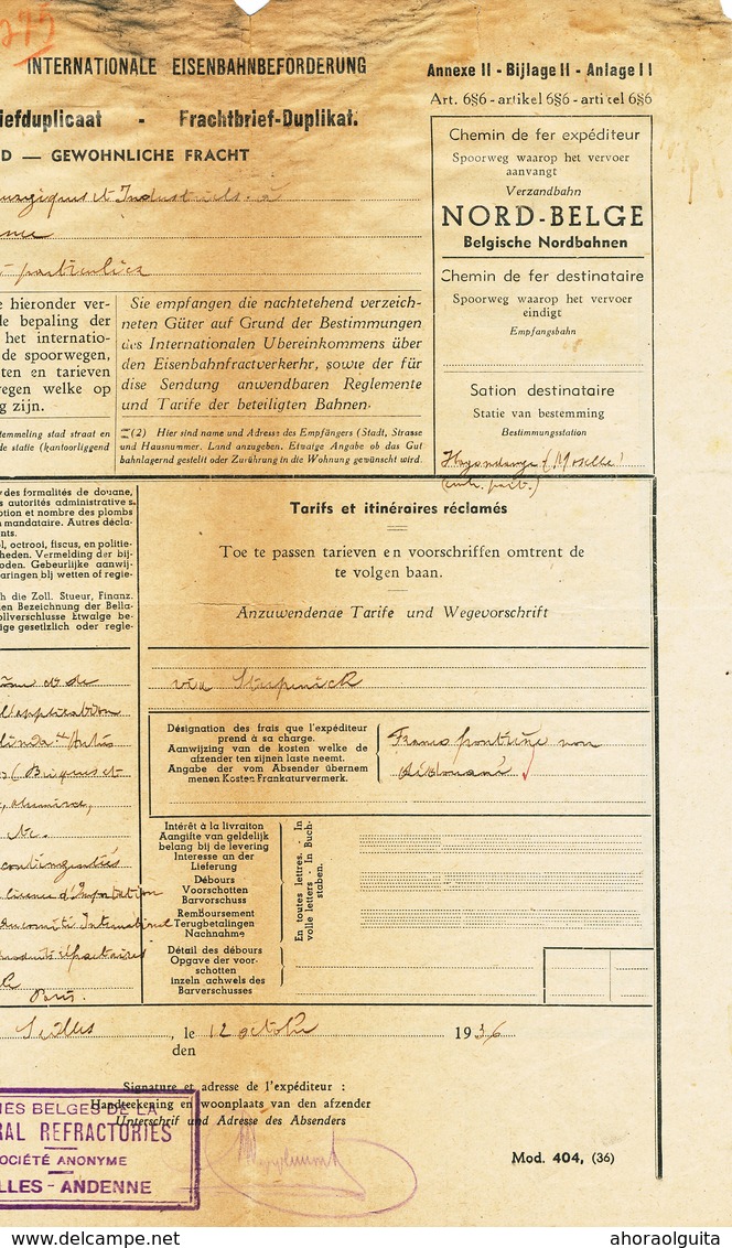 567/28 - Lettre De Voiture Cachet De Gare NORD BELGE ANDENNE 1936 Vers France - Exp. Briques Réfractaires - Nord Belge
