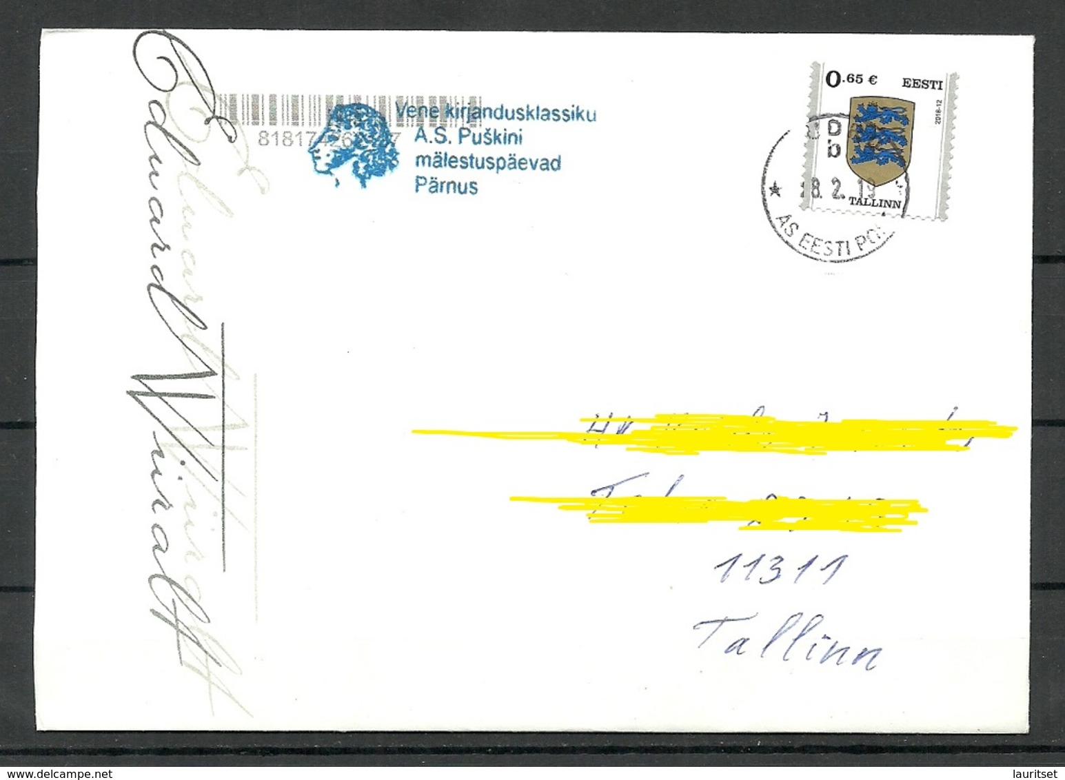 Estland Estonia 2019 Domestic Letter With Sonderstempel Special Cancel Puškin Days In Pärnu - Estonia