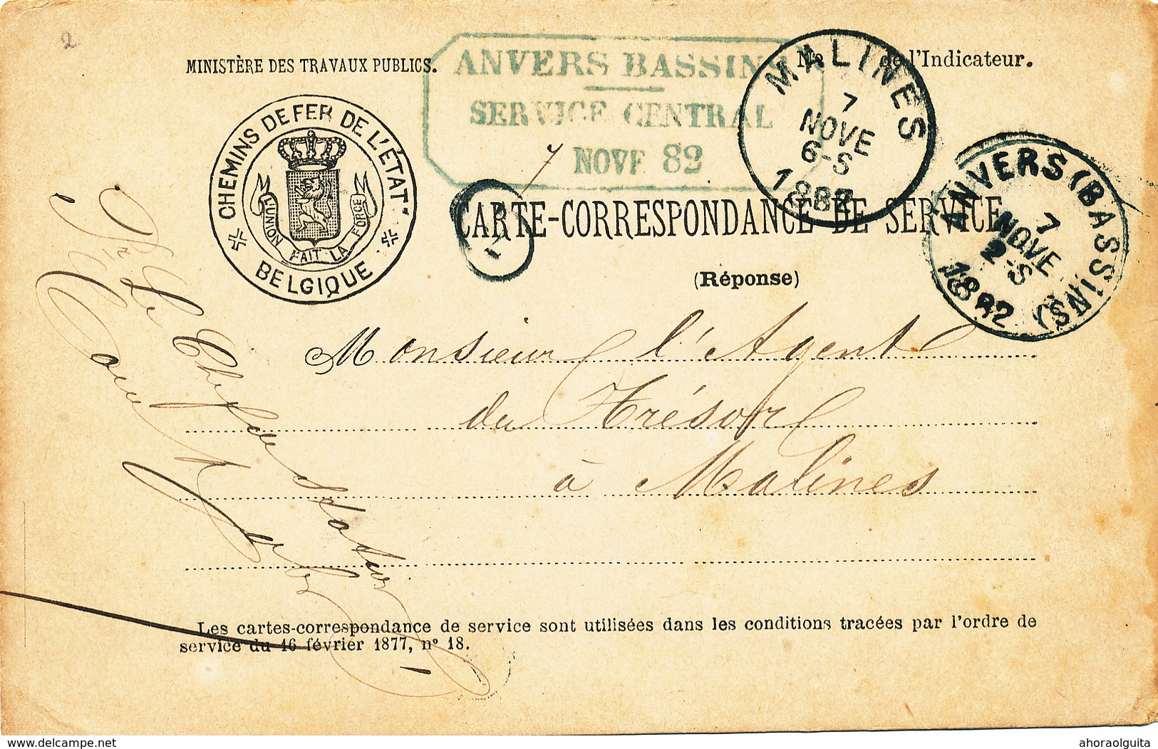 573/28 - Carte De Service Chemins De Fer ETAT - RARE 2 X Cachets Bleus Différents ANVERS Bassins 1882 - Otros & Sin Clasificación