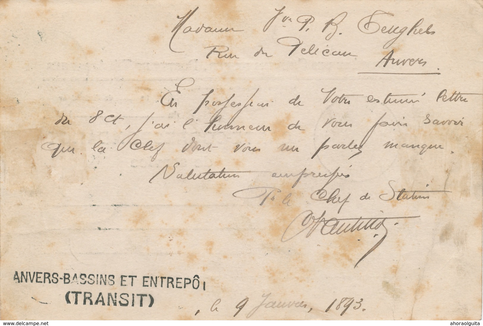 575/28 - Carte De Service Chemins De Fer ETAT - Cachet Agence En Douane Et ANVERS Bassins TRANSIT 1893 - Autres & Non Classés