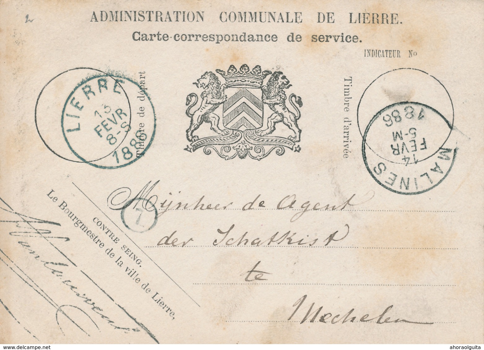 577/28 - Carte De Service + Cachet Verso Administration Communale De LIERRE 1886 - Signée Le Bourgmestre - Zonder Portkosten