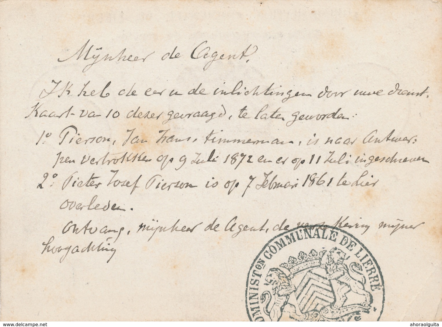 577/28 - Carte De Service + Cachet Verso Administration Communale De LIERRE 1886 - Signée Le Bourgmestre - Franchise