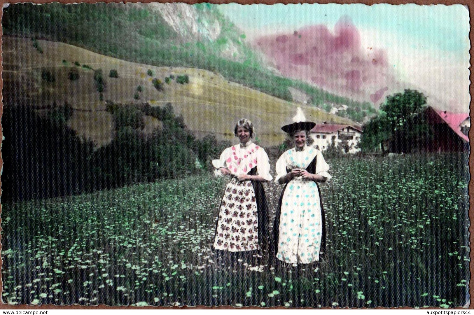 Carte Photo Colorisée Originale De 1935 - Deux Femmes Tyroliennes Dans Un Champ De Pâquerettes & Ferme En Arrière Plan - Personnes Anonymes