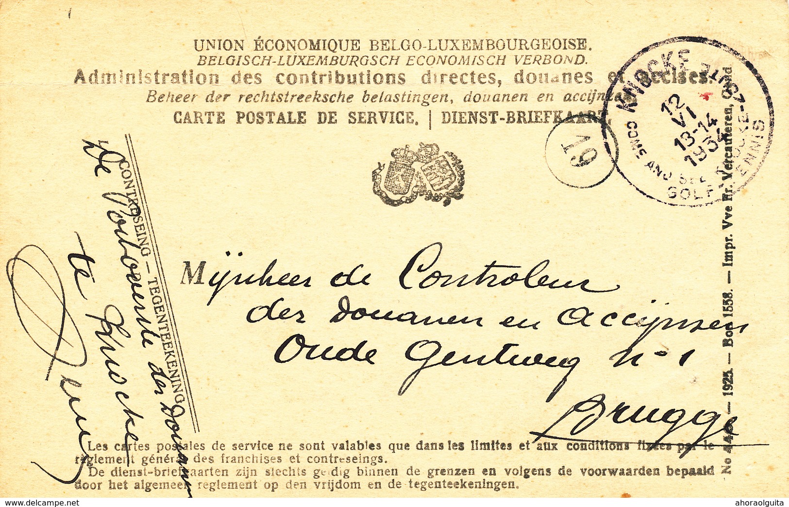 579/28 - Carte De Service Cachet Touristique KNOCKE 1934 Vers BRUGGE - Signée Postoverste Der Douanen - Portofreiheit