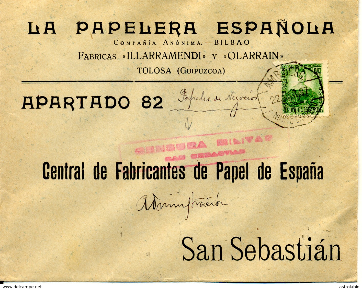 AMB Norte-Expreso, Carta De Tolosa A San Sebastian 1937 Ambulante, Censura, Guerre Espagne. Voir 2 Scan - Marcas De Censura Nacional