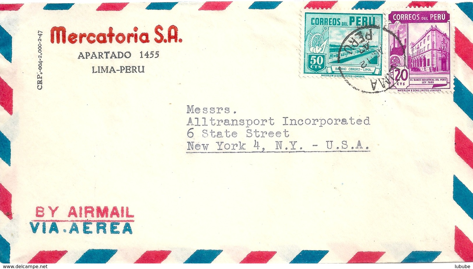 Airmail Brief  "Mercatoria SA, Lima" - New York             1947 - Perù