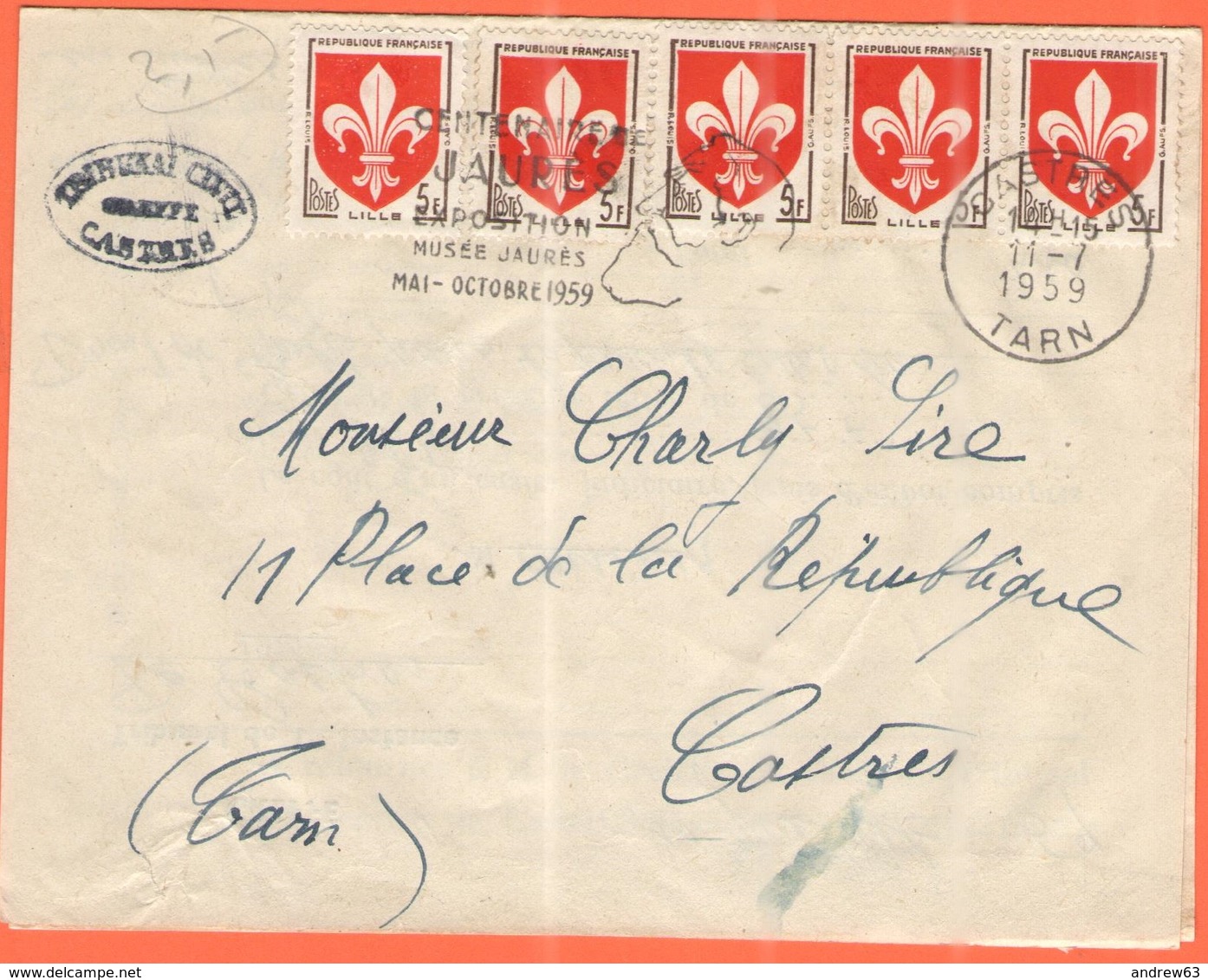 FRANCIA - France - 1959 - 5 X 5F Lille + Flamme Centenaire De Jaurès, Exposition Musée Jean-Jaurès- Viaggiata Da Castres - Storia Postale