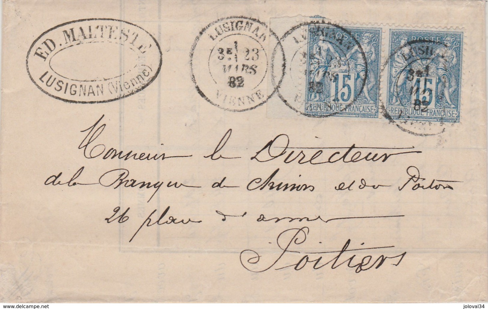 Yvert 90 X 2 Paire Avec Bord De Feuille Sage Sur Lettre Entête Malteste LUSIGNAN Vienne 23/3/1882 Pour Poitiers - 1877-1920: Période Semi Moderne