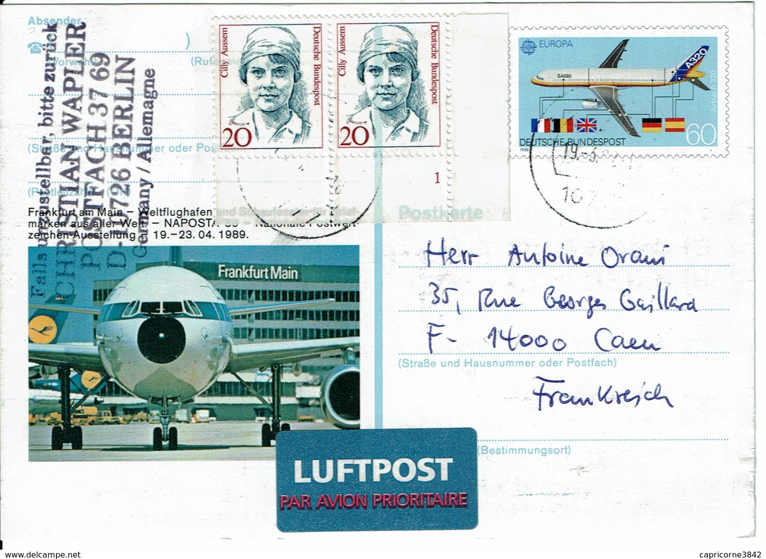 2002 - Entier Postal "NAPOSTA 89" Airbus A320 + Complément D'affranchissement Pour La France Tp N° Yvert 1192 - Postkarten - Gebraucht