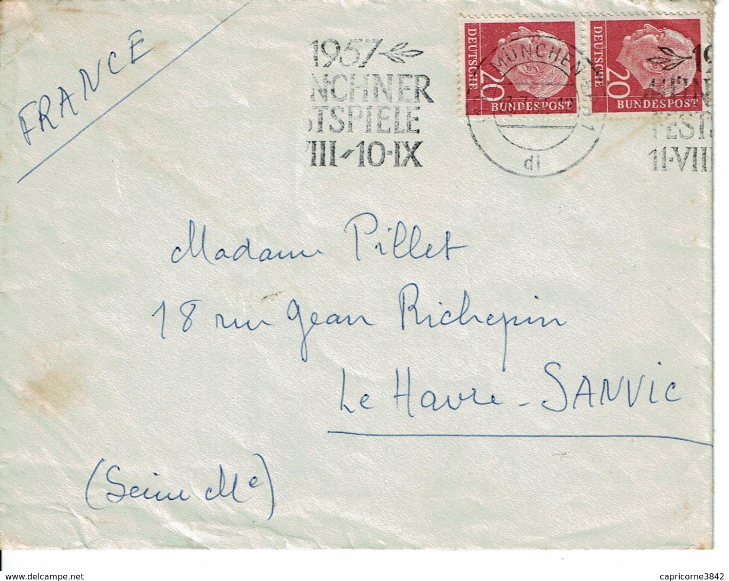 1957 - Lettre De MÜNCHEN Pour La France - Tp N° Yvert 69 (Michel N° 185) - Macchine Per Obliterare (EMA)