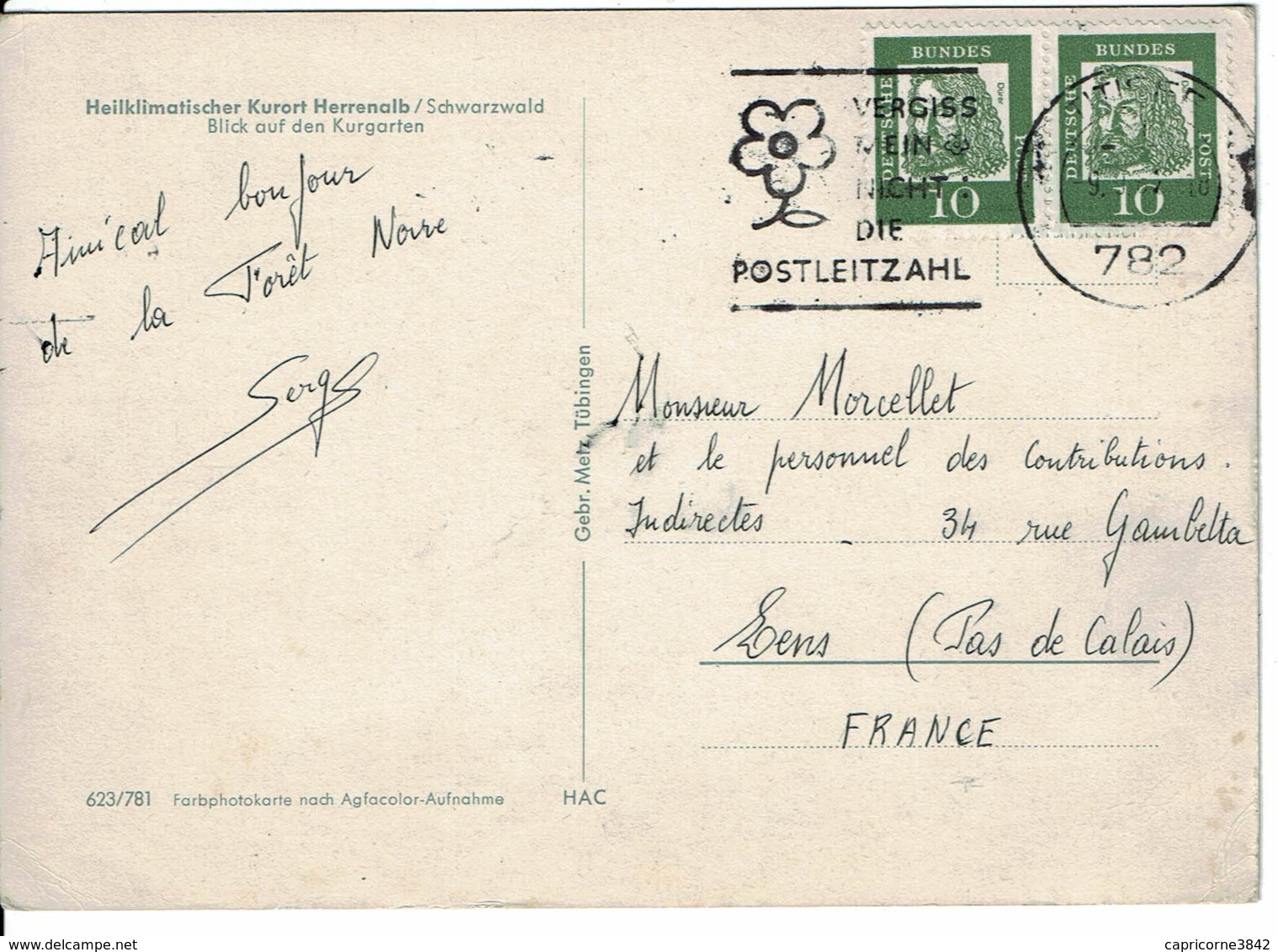 1967 - Carte Postale De BAD HERRENALB Pour La France - Tp Dürer N° Yvert 223 - Maschinenstempel (EMA)