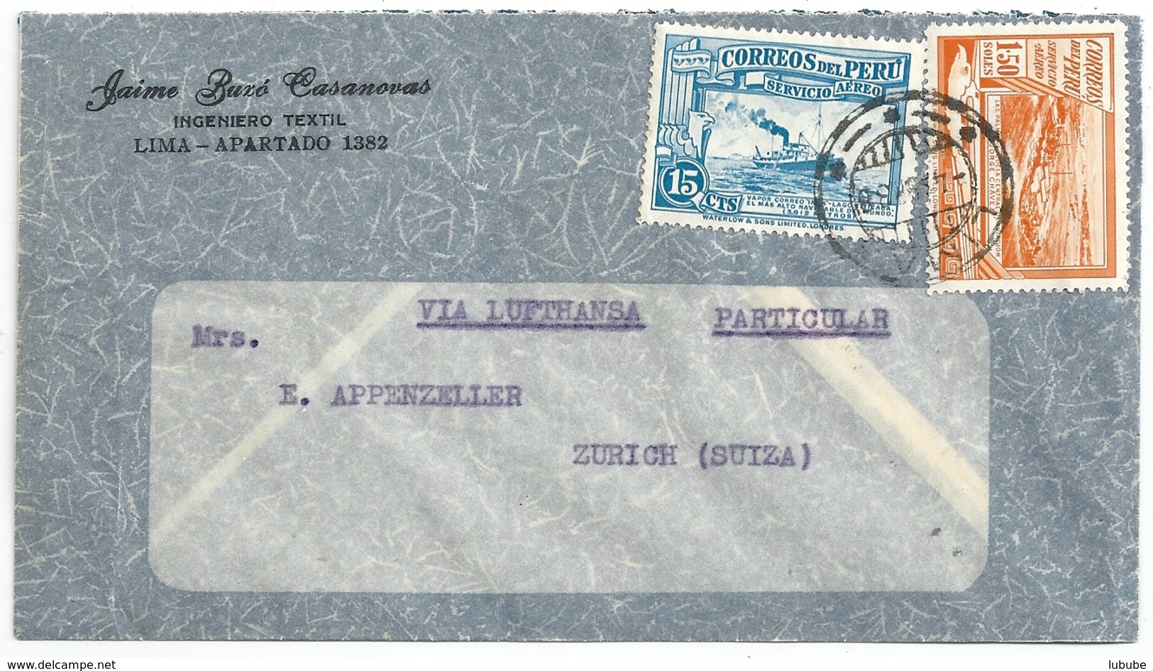 Airmail Brief  "Casanovas, Ingeniero Textil, Lima" - Zürich  (Via Lufthansa)                1938 - Perù