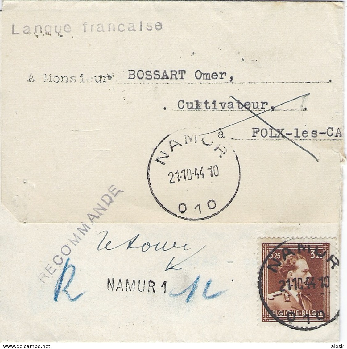 LETTRE RECOMMANDÉE Namur 21 Octobre 1944 N°645 (COB) Pour Folx-les-Caves - Retour Décès - 1936-1957 Collar Abierto