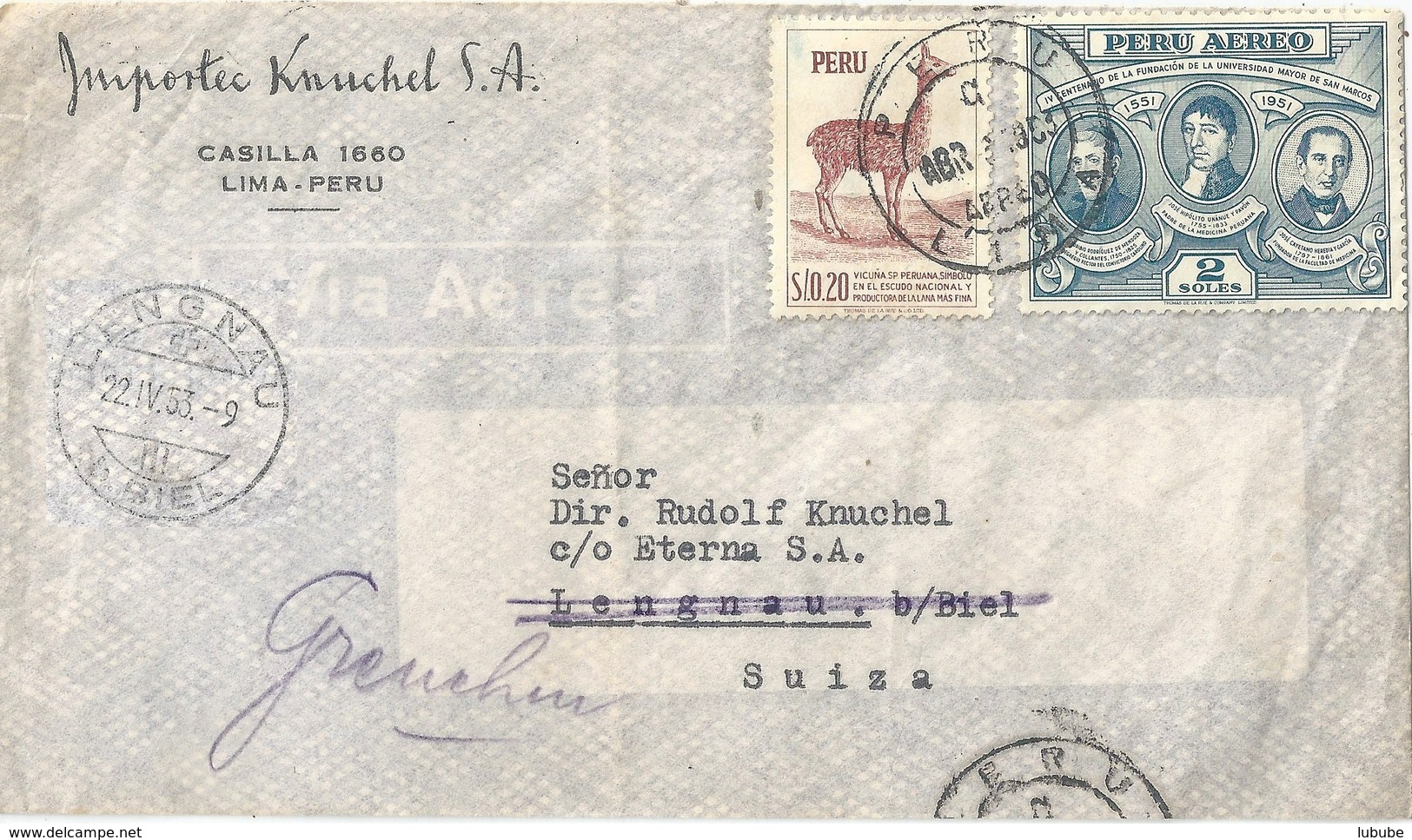 Ausland Brief  "Importe Knuchel, Lima" - Lengnau B.Biel - Grenchen                1953 - Peru