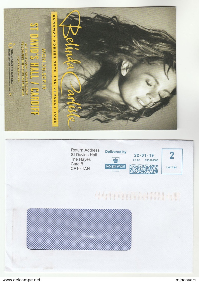 2019 St DAVIDS HALL Cadiff METER SLOGAN COVER Delivered By Royal Mail 2 Letter With BELINDA CARLISLE PROMO CARD Music Gb - Music