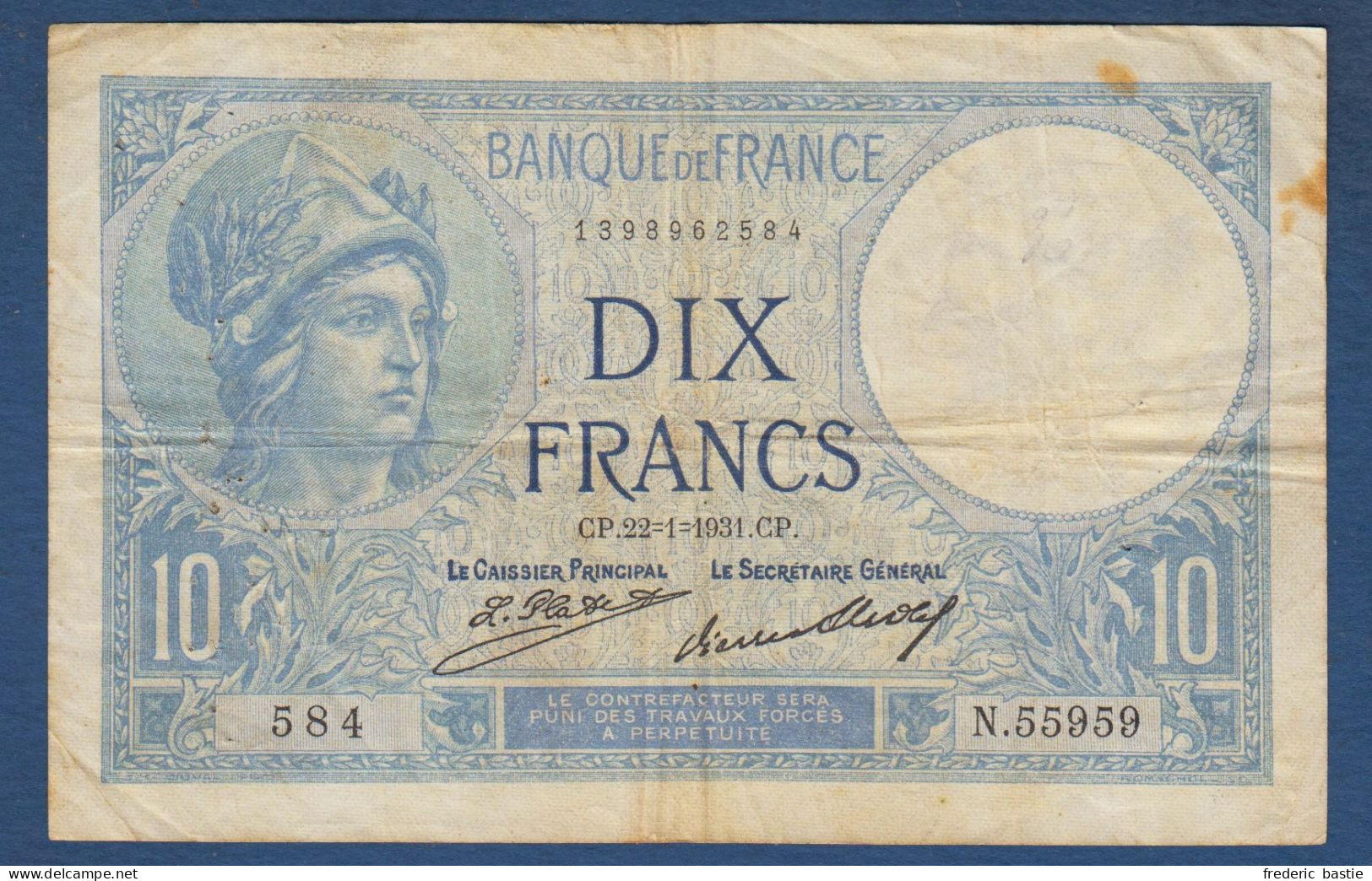 France -10 F  Minerve  Du  22 - 1 - 1931 - 10 F 1916-1942 ''Minerve''