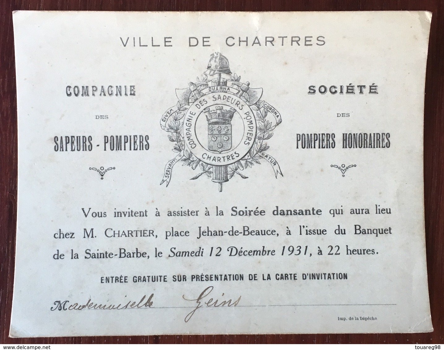 Faire-part. Compagnie Des Sapeurs-pompiers. Société Des Pompiers Honoraires. Banquet De La Sainte-Barbe. Chartres. - Autres & Non Classés