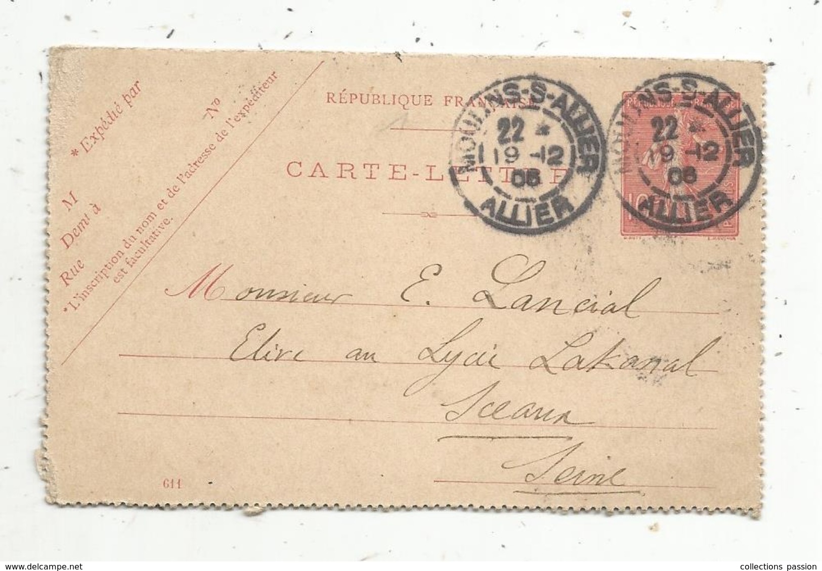 Entier Postal , 1906, Carte-lettre, MOULINS-S-ALLIER , ALLIER , SCEAUX , SEINE , 3 Scans - Cartes-lettres