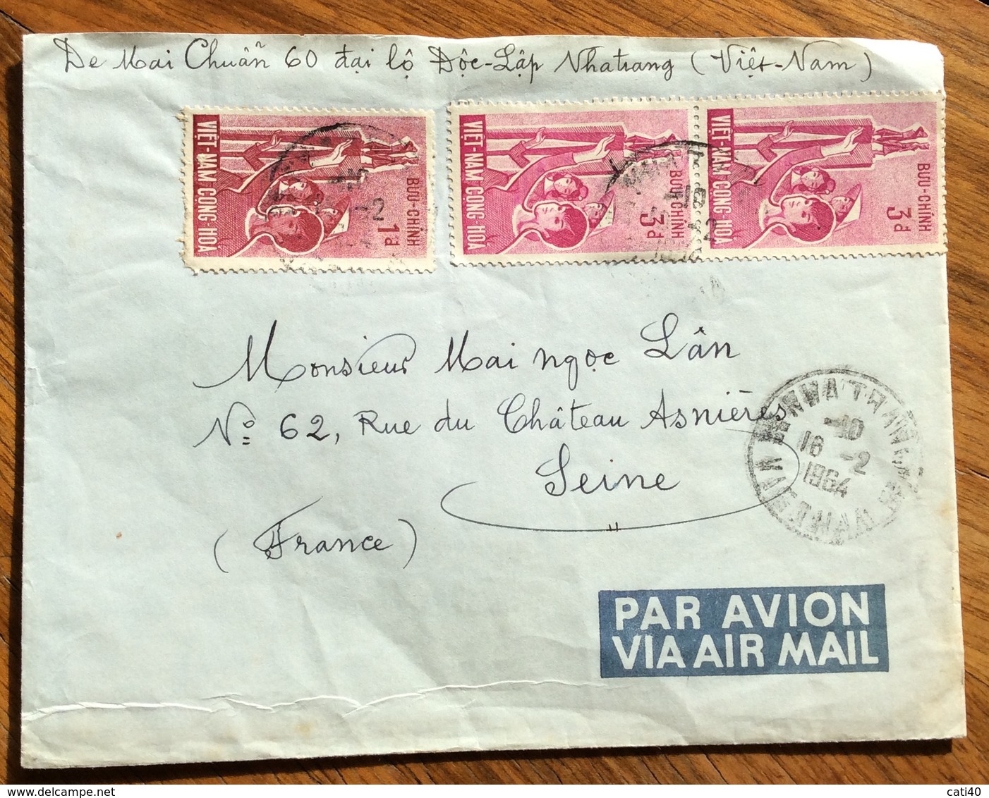 KATIANG VIETNAM  16/2/1964  ENVELOPO PATR AVION    TO SEINE FRANCE - Tailandia