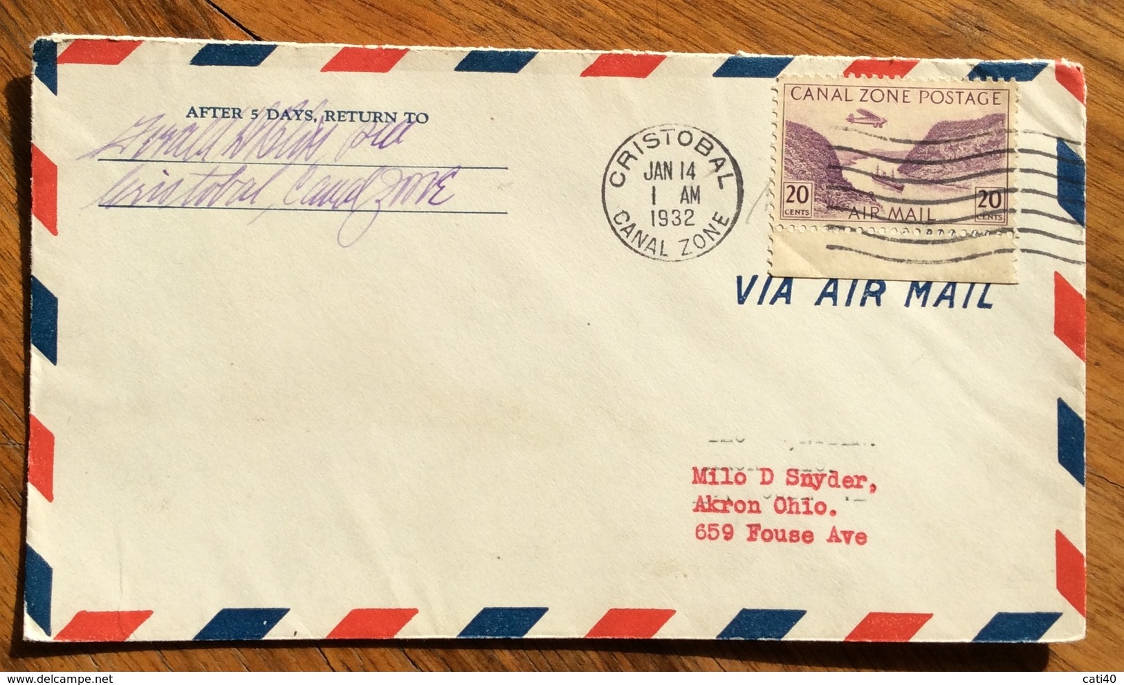 CRISTOBAL CANAL ZONE ENVELOPE PAR AVION TO AKRON OHIO  U.S.A. THE 14/1/32 - Panama