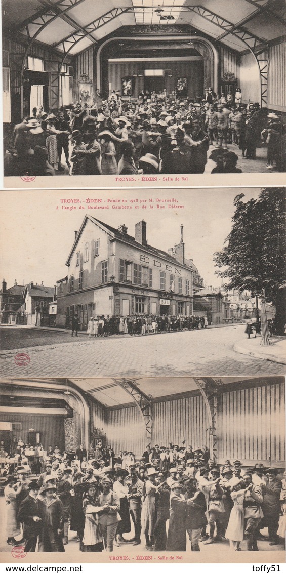 3 CPA: TROYES (10) SALLE DE BAL ÉDEN PERSONNES DANSANT,GROUPE DE PERSONNES DEVANT CINÉ ÉDEN RUE DIDEROT - Troyes