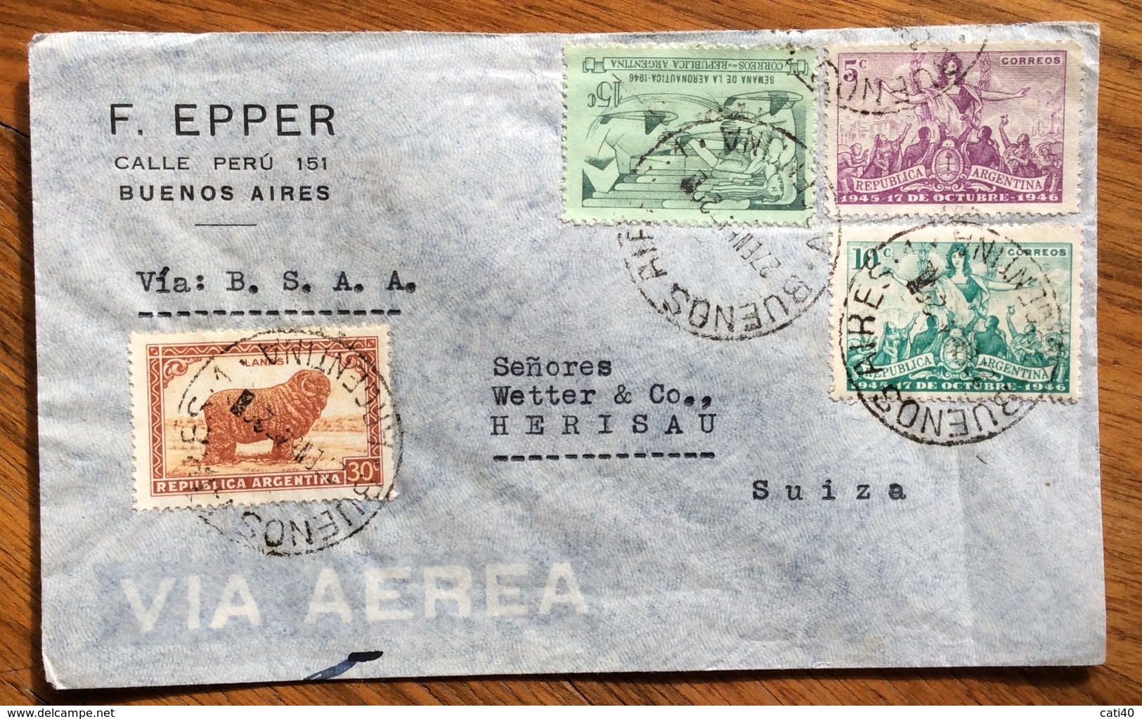 ARGENTINA ENVELOPE  PAR AVION  VIA B.S.A.A.  FROM BUENOS AIRES TO HERISAU  SUISSE SVIZZERA THE 9/2/1952 - Buenos Aires (1858-1864)