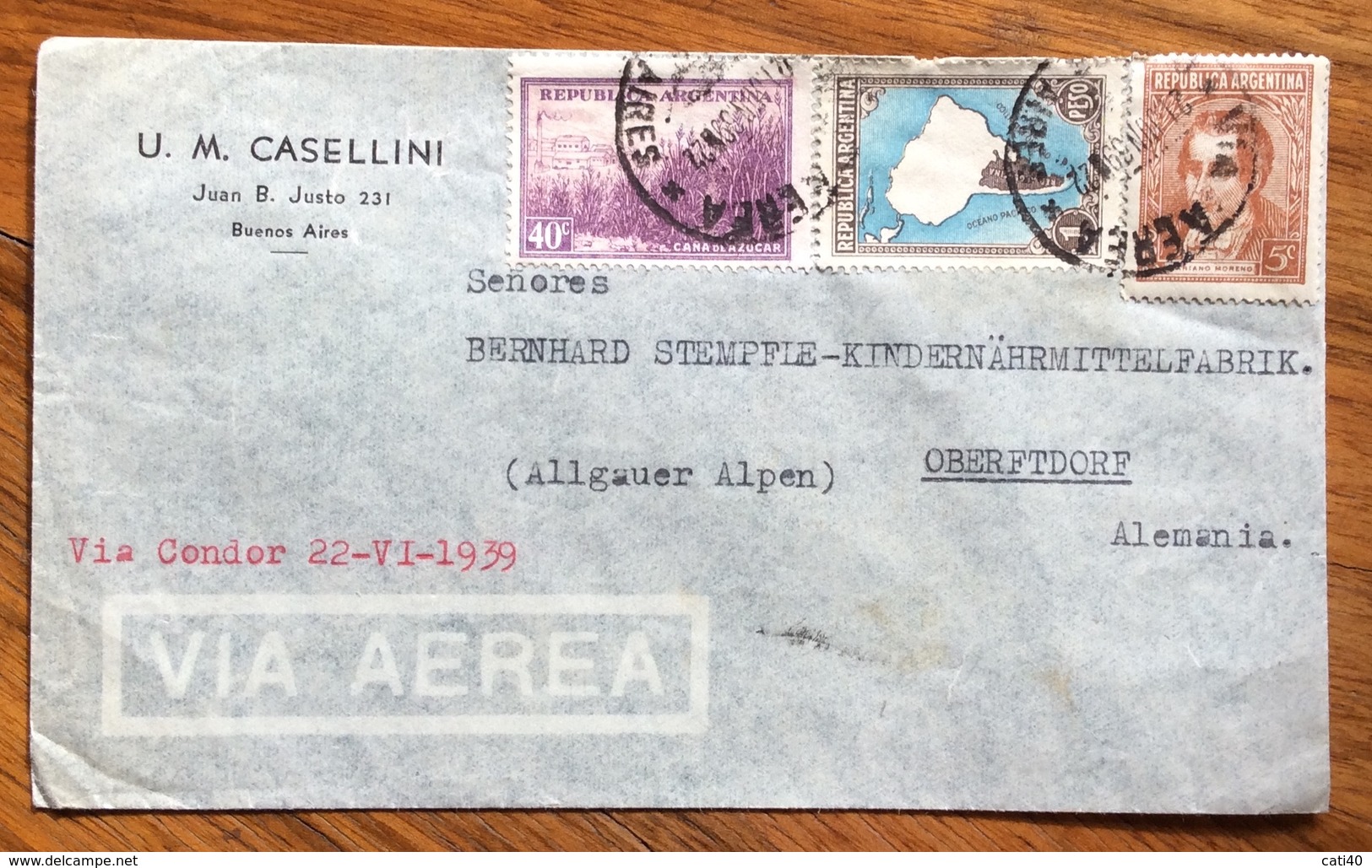 ARGENTINA ENVELOPE  PAR AVION  VIA CONDOR 22/VI/1939   FROM BUENOS AIRES TO OBERFTDORF GERMANIA - Buenos Aires (1858-1864)