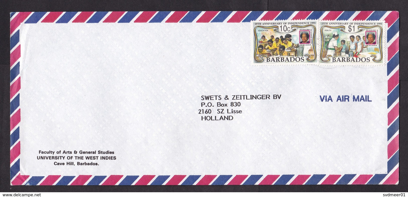 Barbados: Airmail Cover To Netherlands, 1990s, 2 Stamps, Education, Health, Children, Nurse, Vaccination (traces Of Use) - Barbados (1966-...)