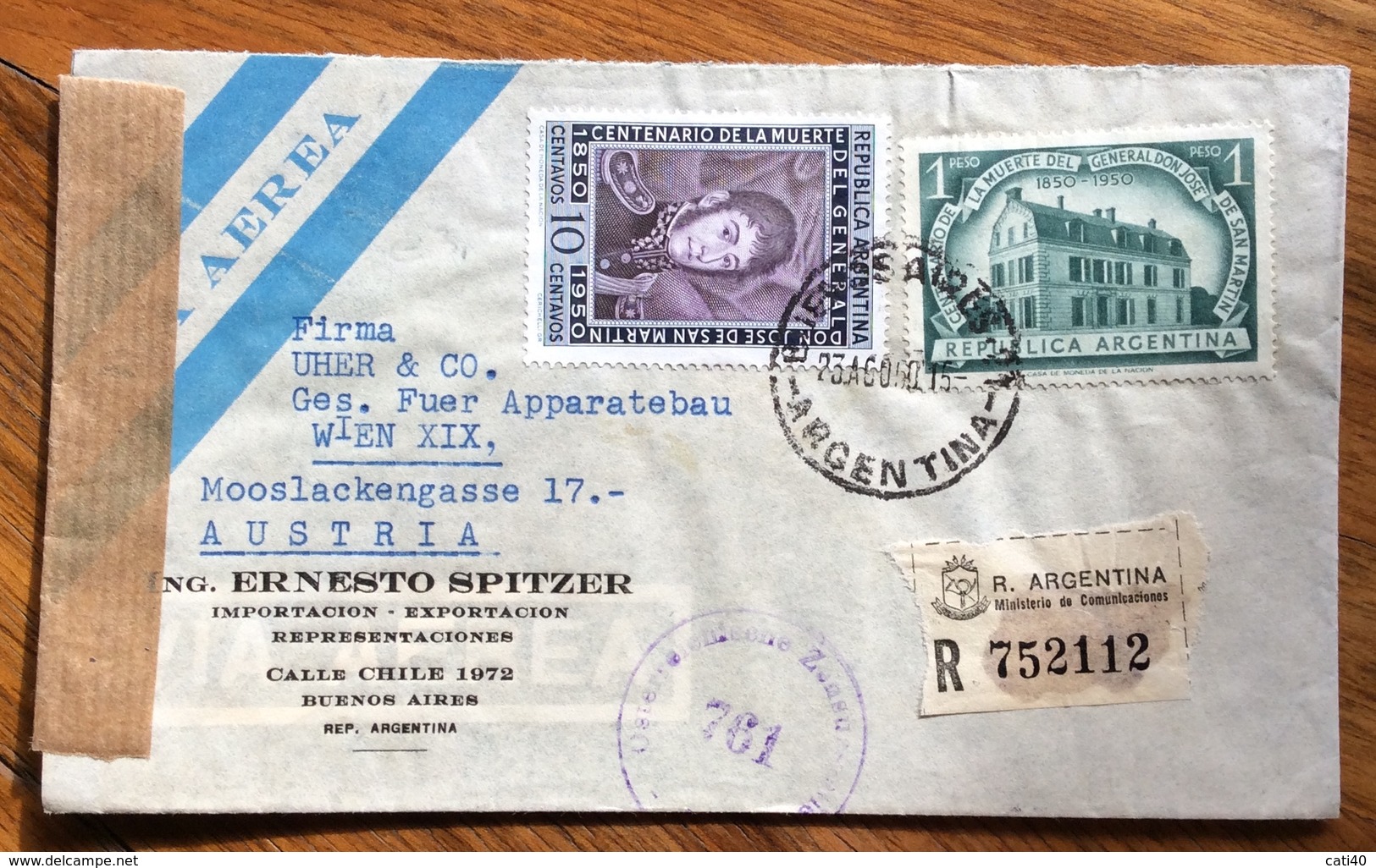 ARGENTINA REGISTERED PAR AVION  FROM BUENOS AIRES TO WIEN  AUSTRIA  THE 29/8/50  CON CENSURA - Buenos Aires (1858-1864)