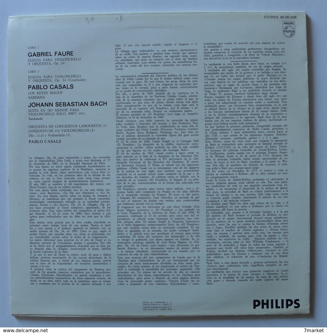 LP/  Gabriel Faure, Pablo Casals, Johann Sebastien Bach - Classique